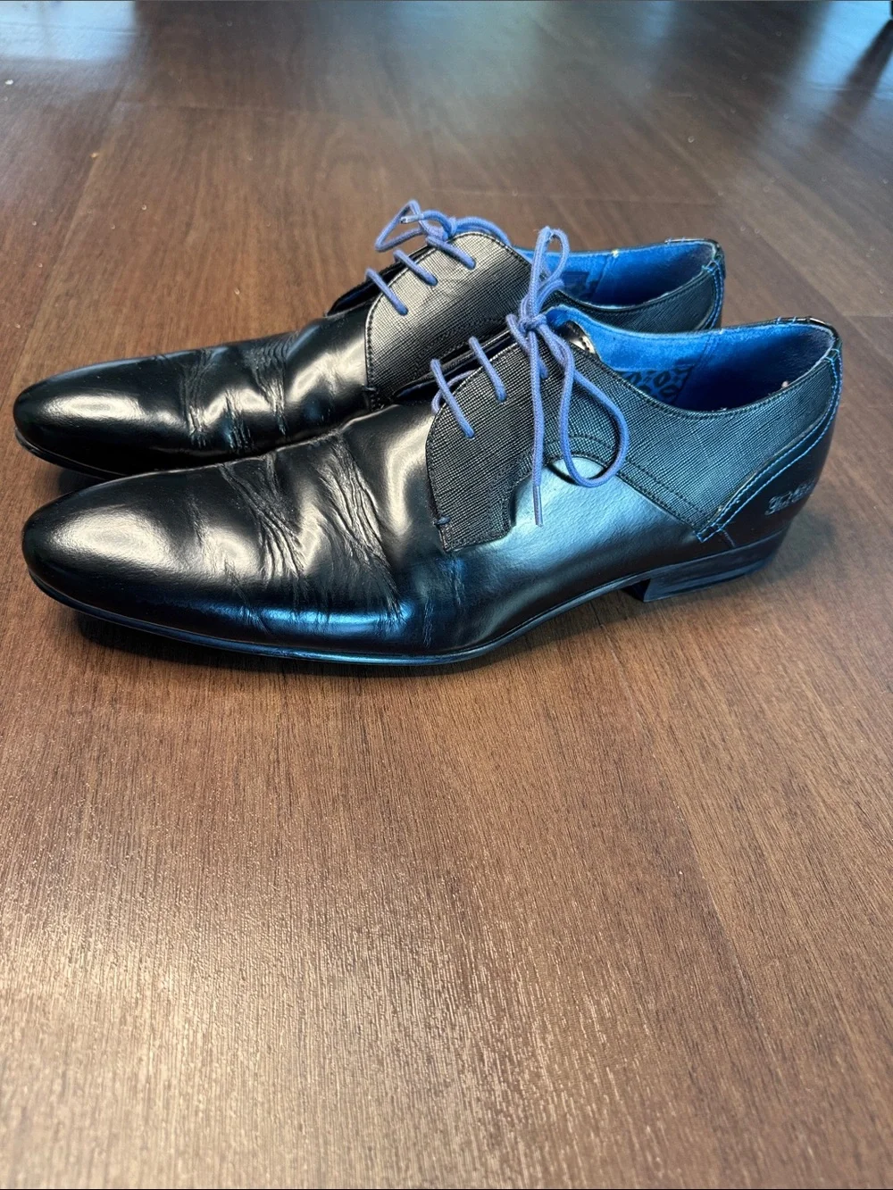 Ted Baker Black Leather Derby Shoes with Blue Lining and Blue Laces